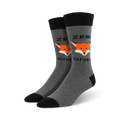 A pair of men's gray crew socks with black cuffs.  Features an orange fox face and the text 'Zero Fox Given'.