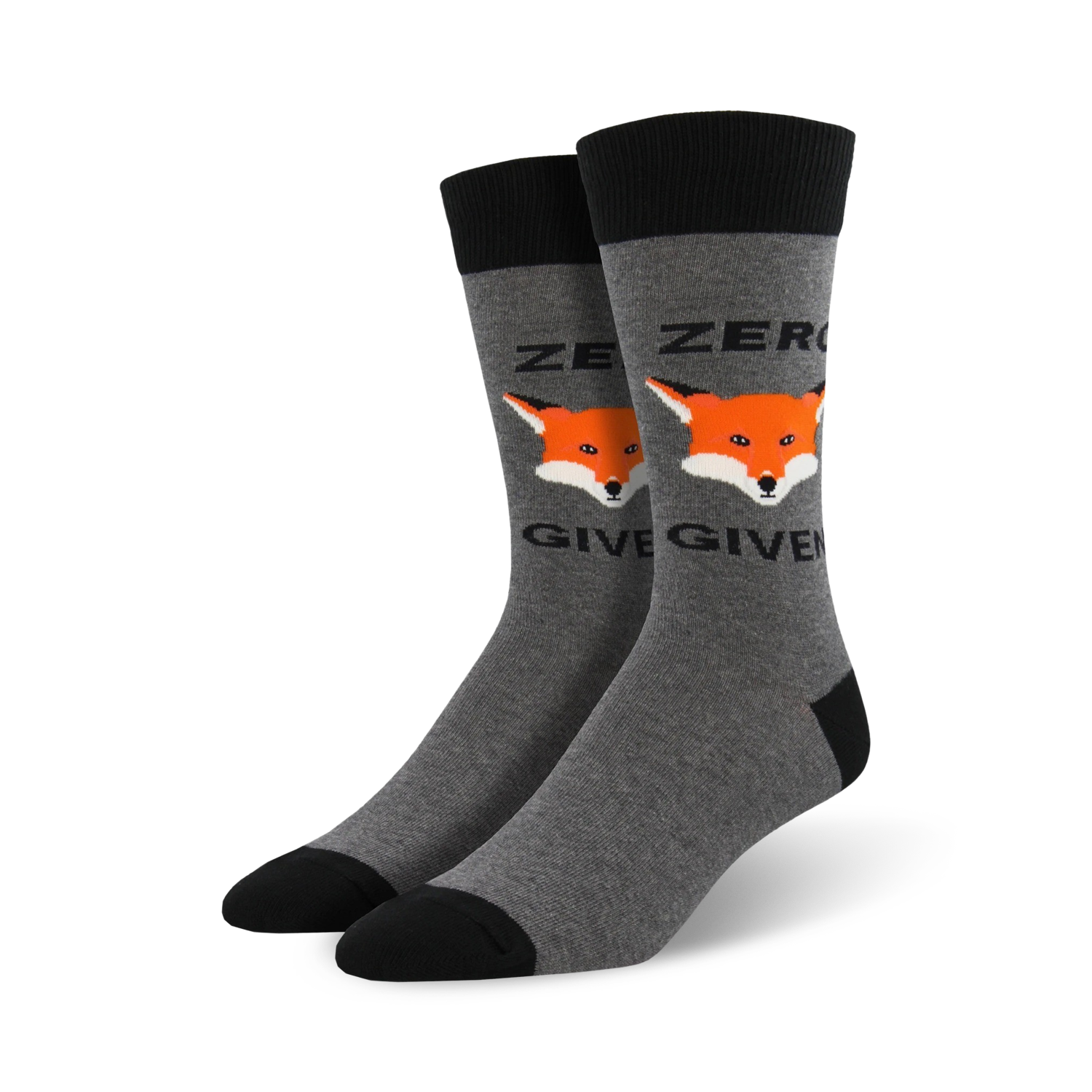 A pair of men's gray crew socks with black cuffs.  Features an orange fox face and the text 'Zero Fox Given'.