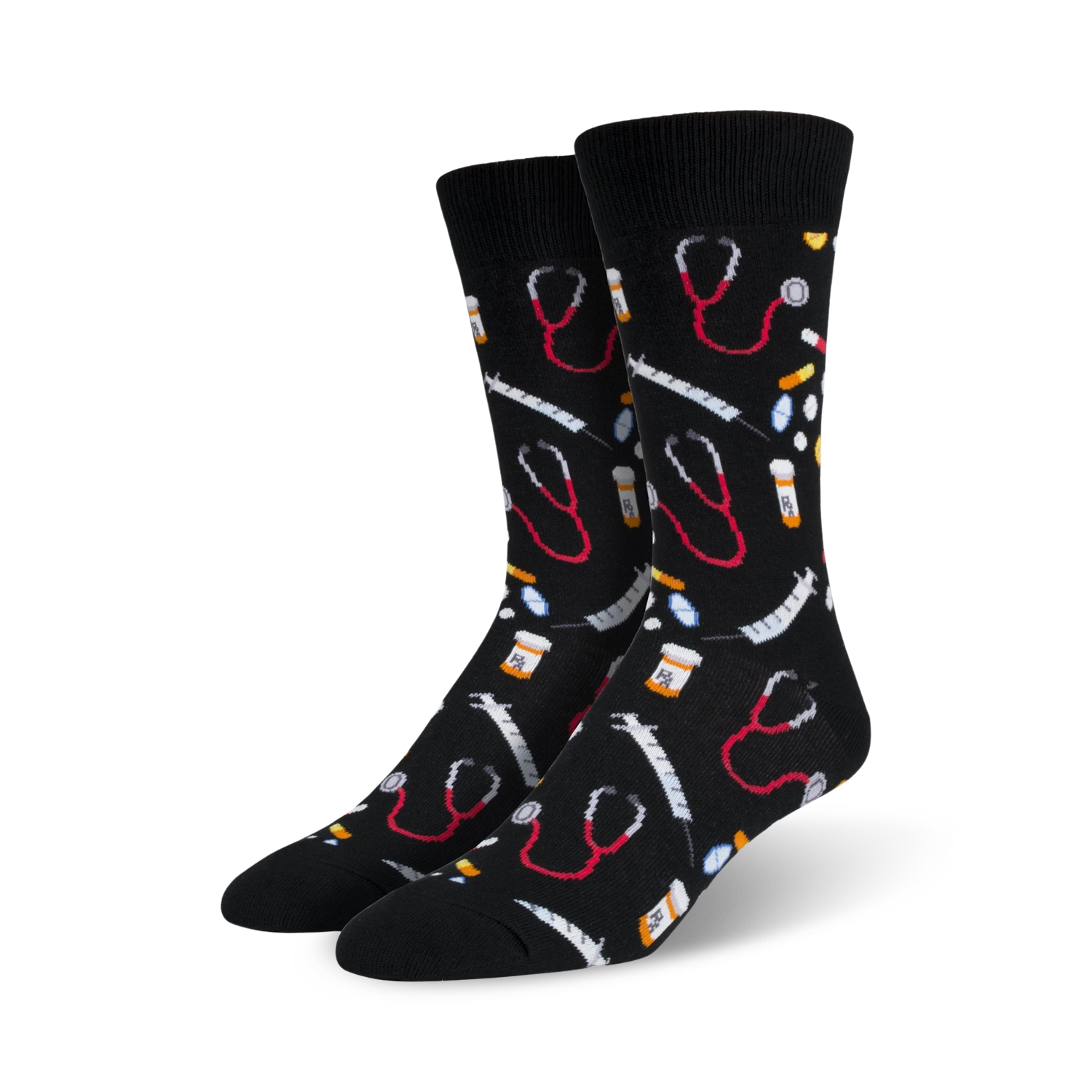 A pair of black crew socks with a fun pattern. The design includes red stethoscopes, syringes, and pills on a black background.