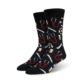 mens medical themed crew socks, black with red and white pills, black stethoscopes, and yellow and red syringes.  