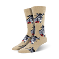 Tan crew socks with a repeating pattern of gray donkeys wearing glasses and red bow ties.