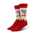 Pair of Tapatio XL crew socks.  Red and white crew socks with a Tapatio hot sauce bottle design and flames at the bottom.