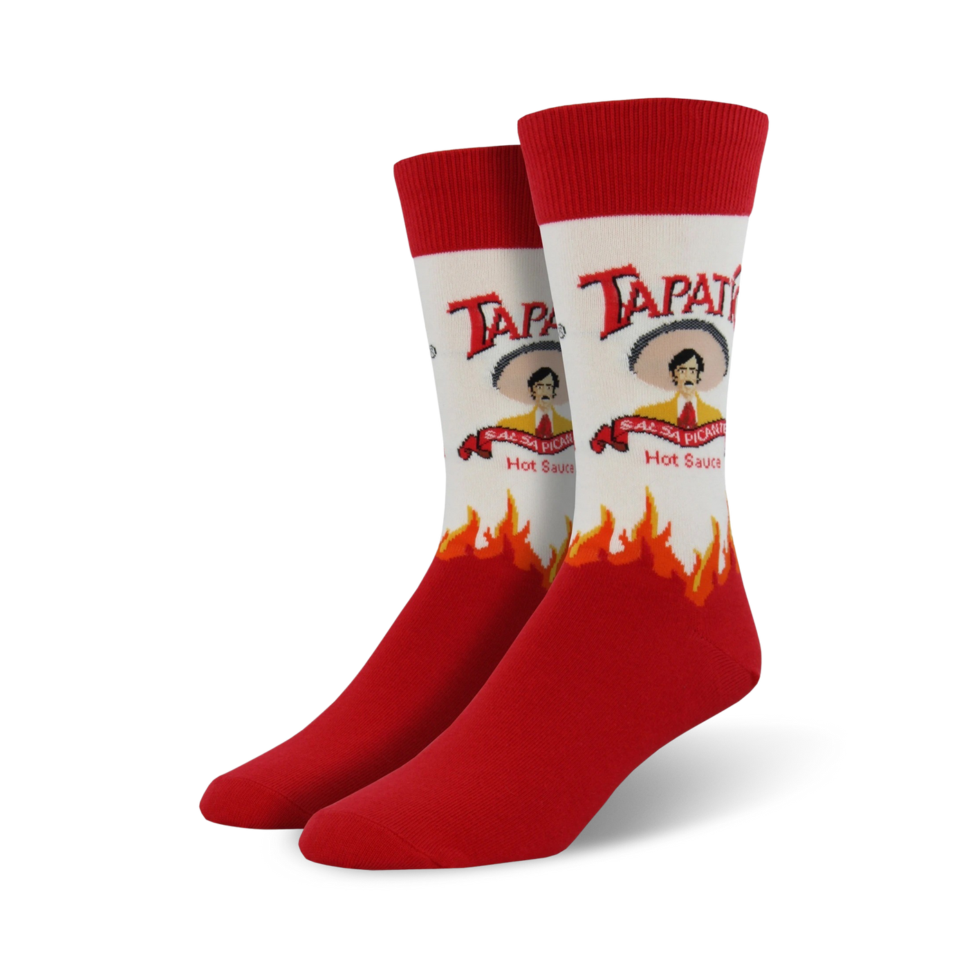 Pair of Tapatio XL crew socks.  Red and white crew socks with a Tapatio hot sauce bottle design and flames at the bottom.