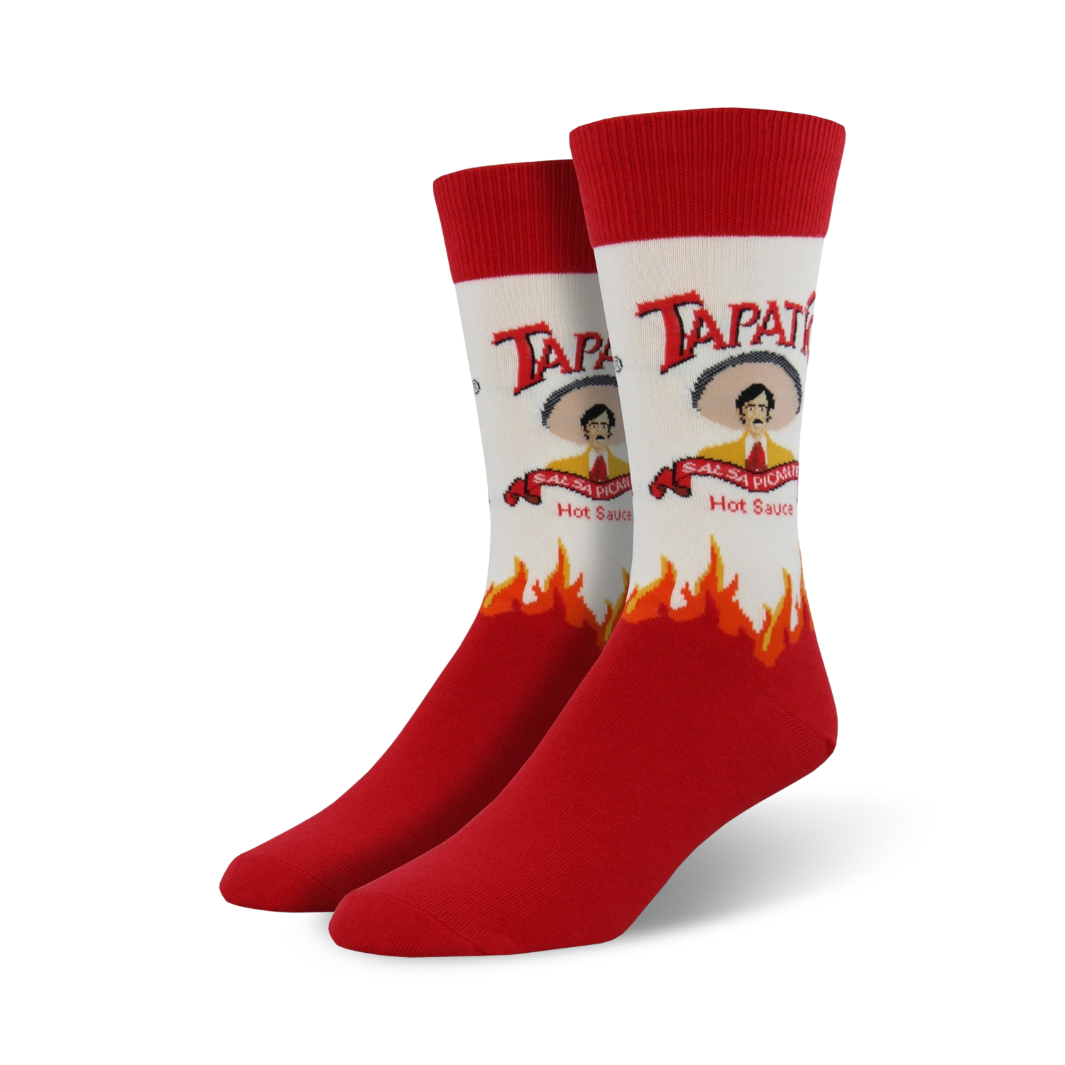 Pair of Tapatio XL crew socks.  Red and white crew socks with a Tapatio hot sauce bottle design and flames at the bottom.