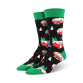 Pair of Christmas Campers XL crew socks. Black background with red and green Christmas campers, snowmen, and trees. Green cuffs.