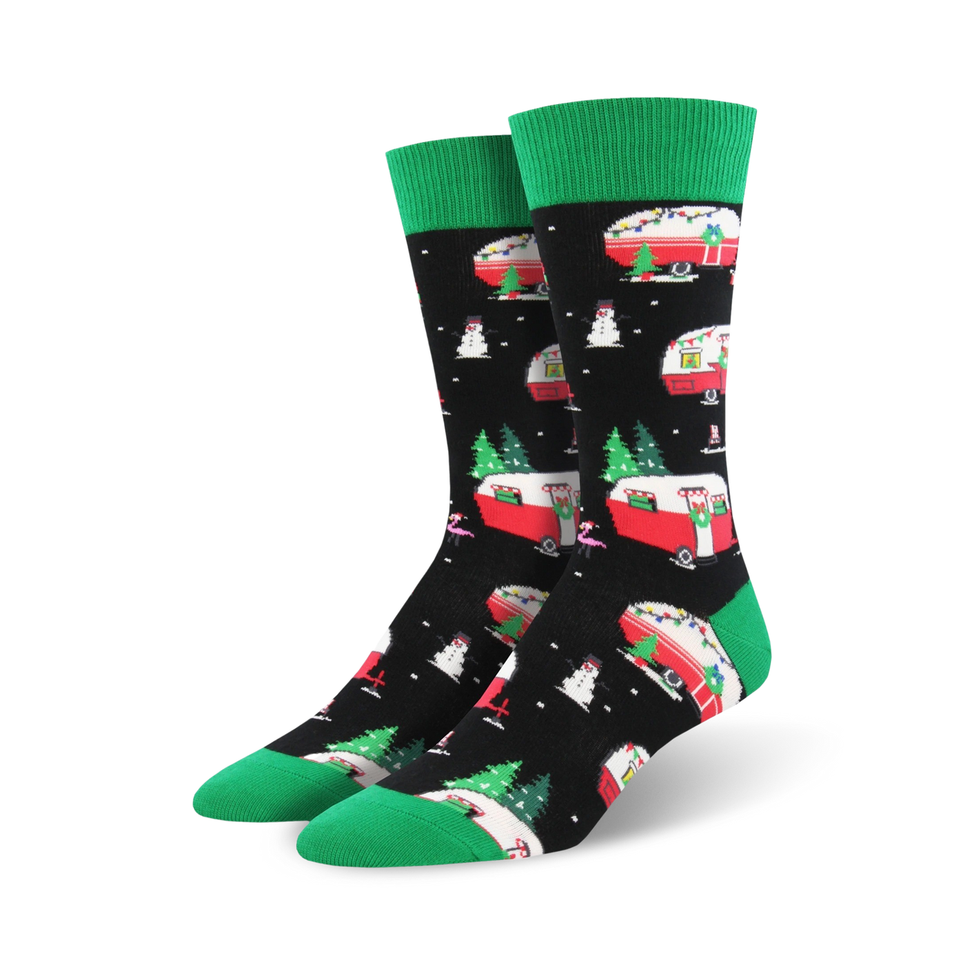 Pair of Christmas Campers XL crew socks. Black background with red and green Christmas campers, snowmen, and trees. Green cuffs.