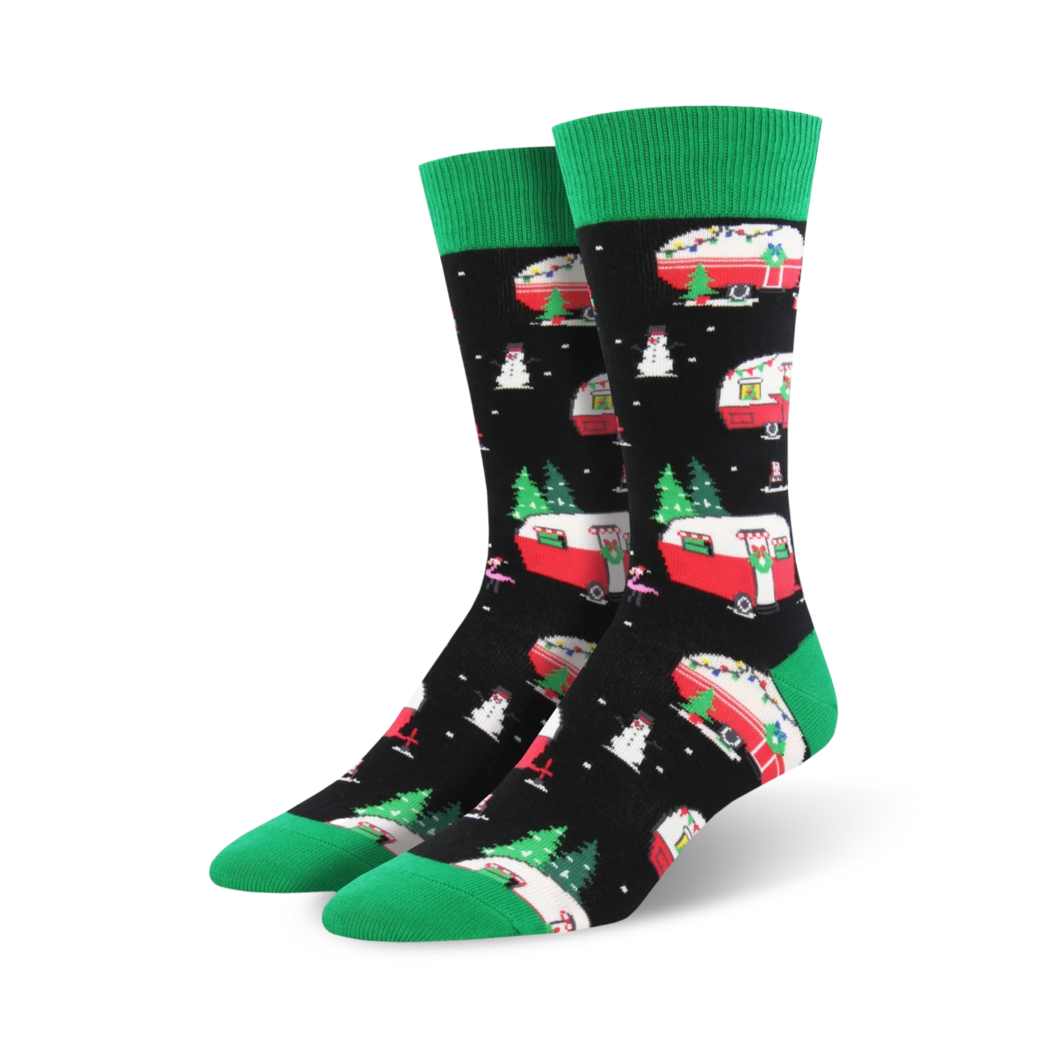 Pair of Christmas Campers XL crew socks. Black background with red and green Christmas campers, snowmen, and trees. Green cuffs.
