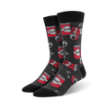 Crew socks in charcoal grey with a pattern of red beer cans and pull tabs.  Fun and quirky design.