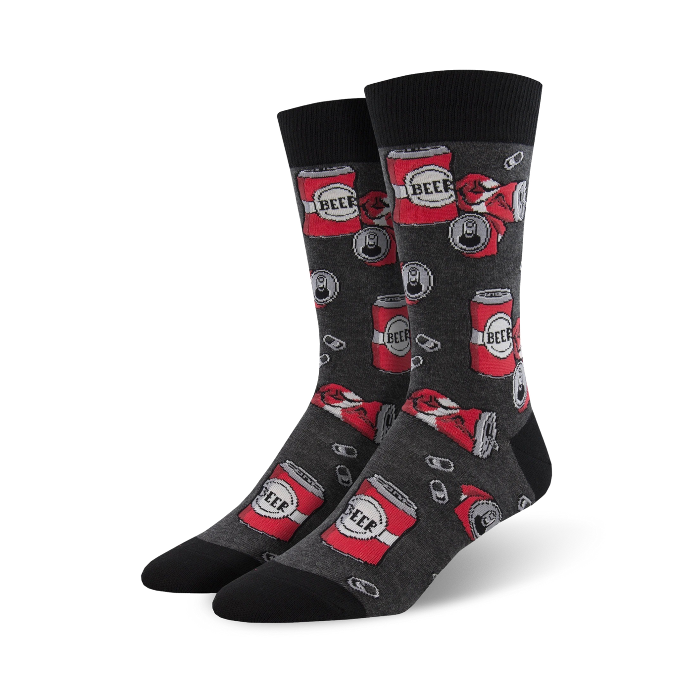 Crew socks in charcoal grey with a pattern of red beer cans and pull tabs.  Fun and quirky design.