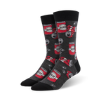 Crew socks in charcoal grey with a pattern of red beer cans and pull tabs.  Fun and quirky design.
