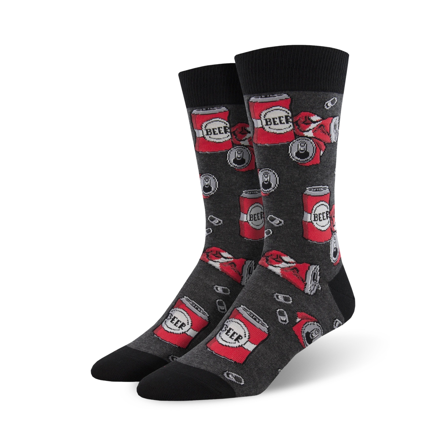 Crew socks in charcoal grey with a pattern of red beer cans and pull tabs.  Fun and quirky design.