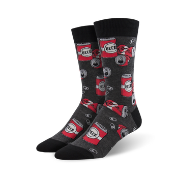 black crew socks with red and gray beer cans pattern. perfect for men who love beer. 