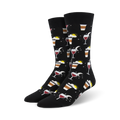 A pair of black crew socks with a fun design featuring coffee cups, wine glasses, suns, and moons. 