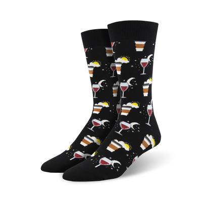 crew length men's socks with coffee cup, wine glass, sun, moon, and cloud design. 