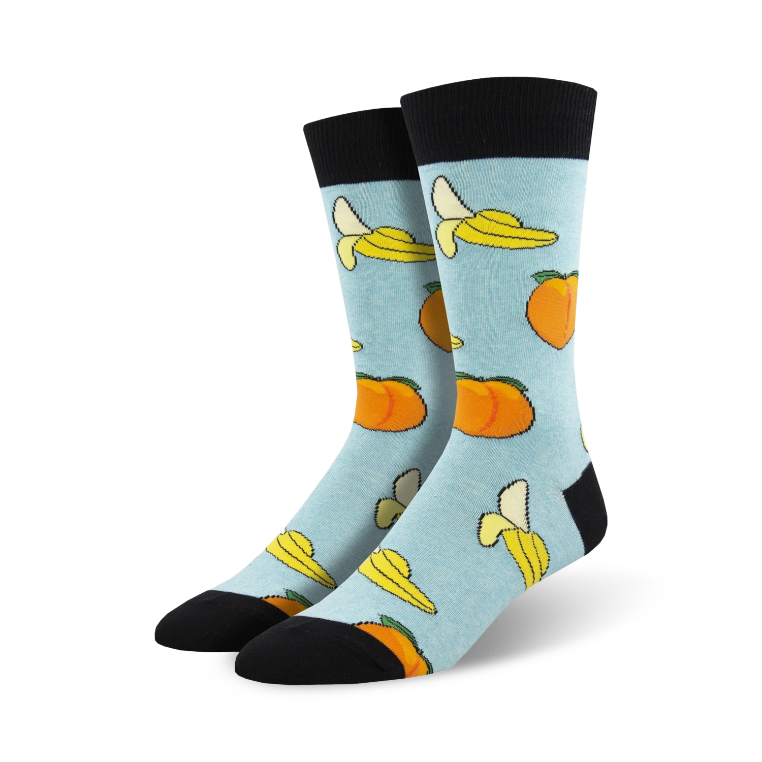 Pair of light blue crew socks with a whimsical pattern of yellow bananas and orange peaches.