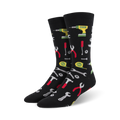 Pair of black crew socks with a fun pattern of colorful tools like hammers, wrenches, pliers, and drills.