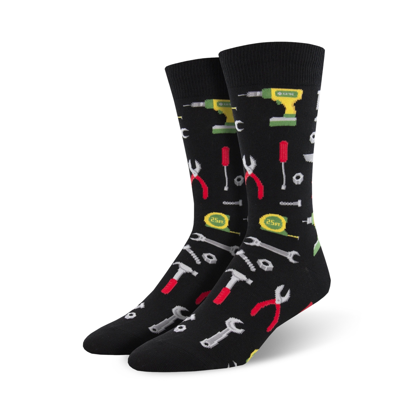 Pair of black crew socks with a fun pattern of colorful tools like hammers, wrenches, pliers, and drills.