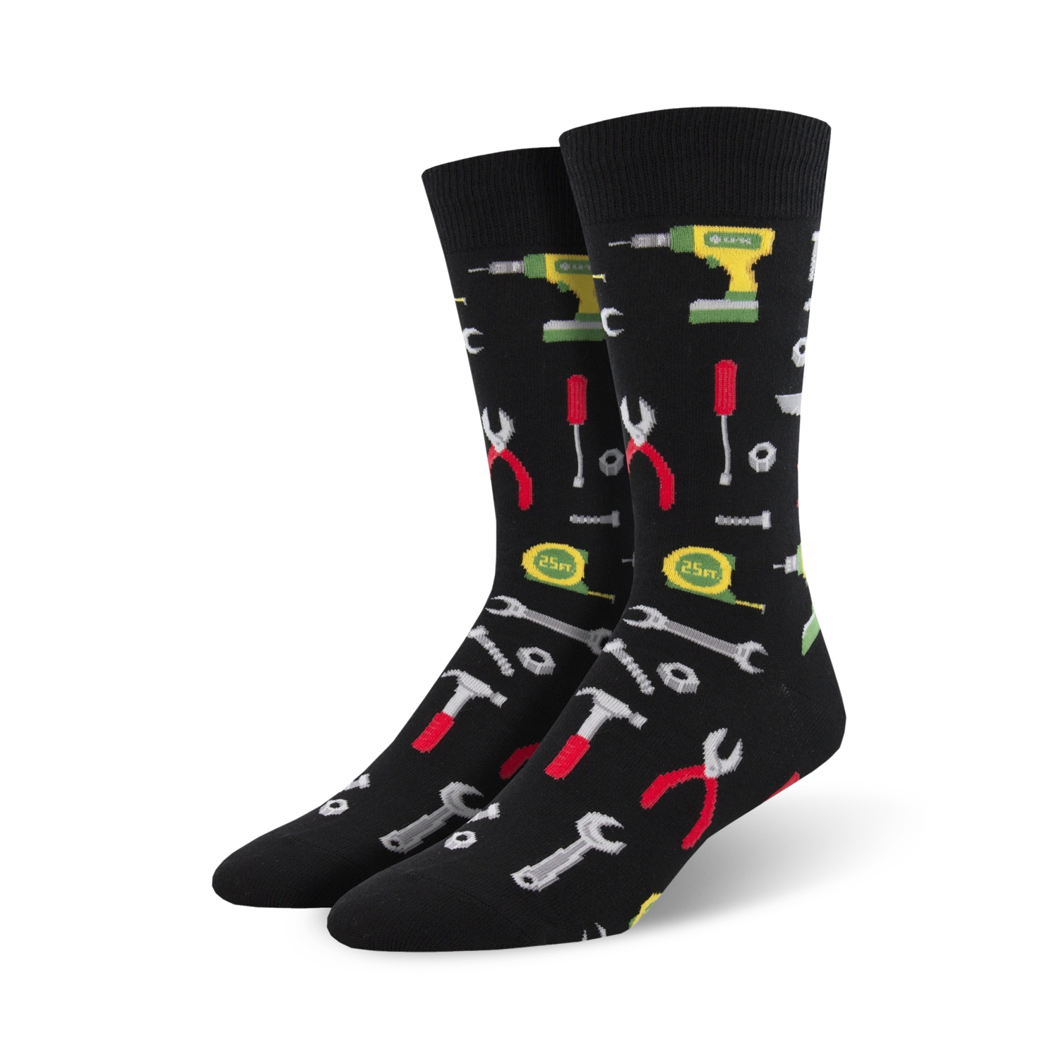 Pair of black crew socks with a fun pattern of colorful tools like hammers, wrenches, pliers, and drills.