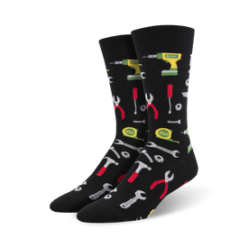 black crew socks with a pattern of hammers, wrenches, and screwdrivers   