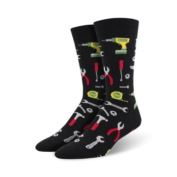 black crew socks with a pattern of hammers, wrenches, and screwdrivers   