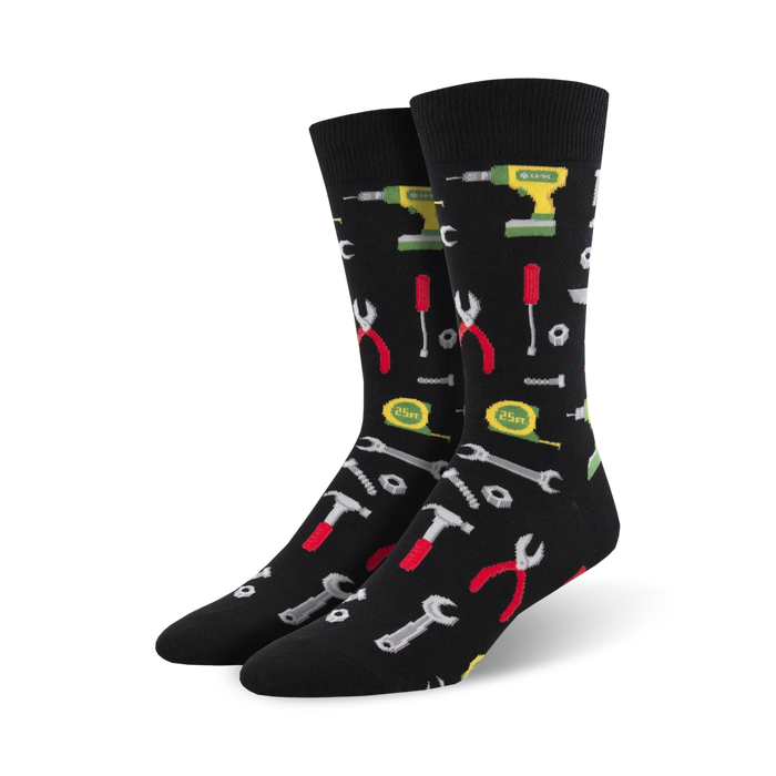black crew socks with a pattern of hammers, wrenches, and screwdrivers    }}
