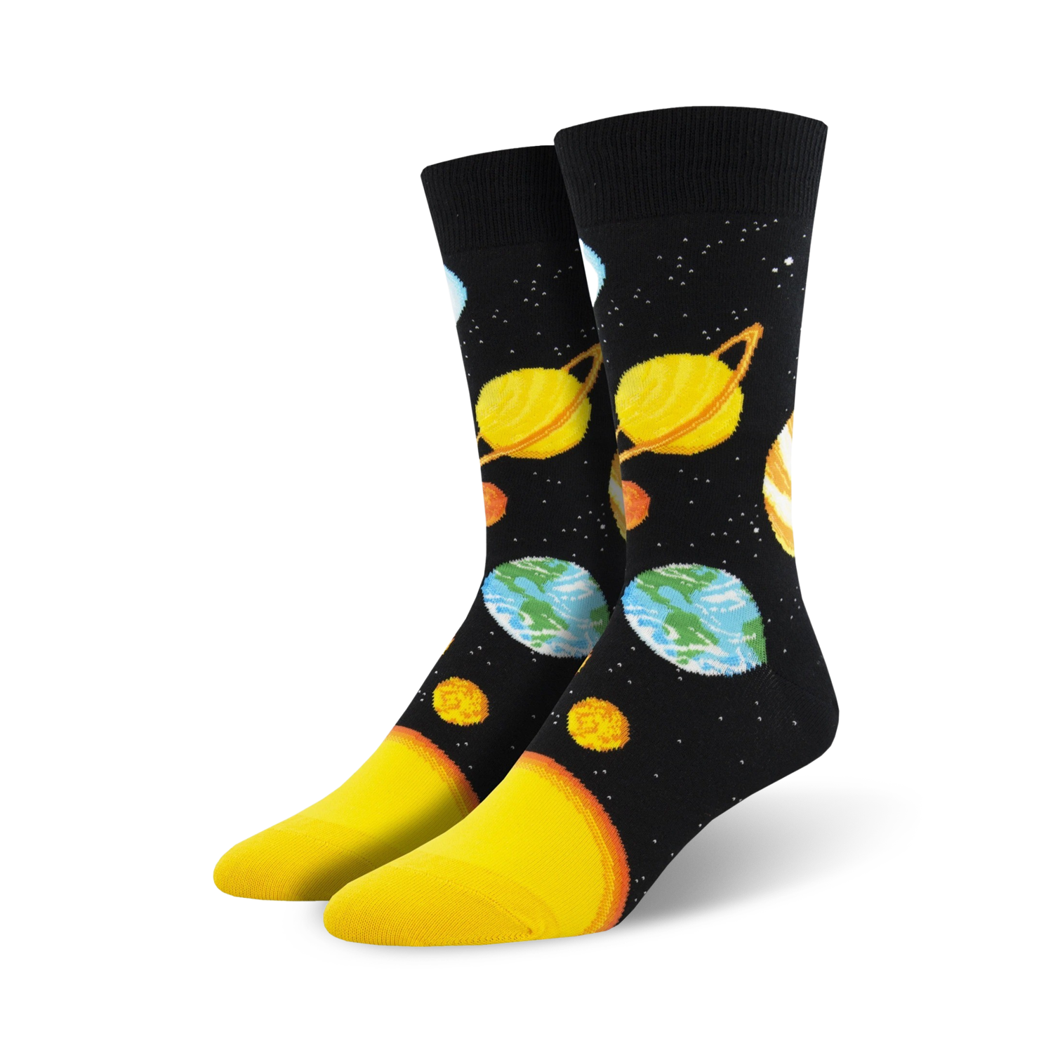 Pair of crew socks with a black background showcasing colorful planets and stars.  A fun, cosmic design.