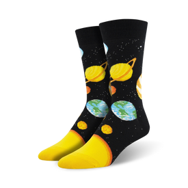 black crew socks for men featuring planets and stars.  