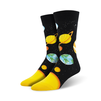 black crew socks for men featuring planets and stars.  