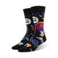Pair of black crew socks with colorful Asian-inspired designs. Features dragons, buses, parasols, and clouds on a black background.