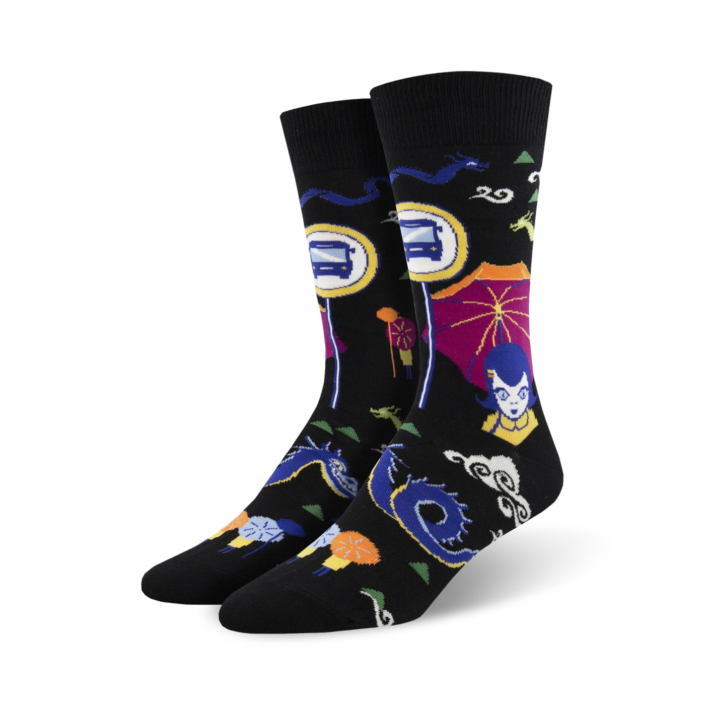 Pair of black crew socks with colorful Asian-inspired designs. Features dragons, buses, parasols, and clouds on a black background.