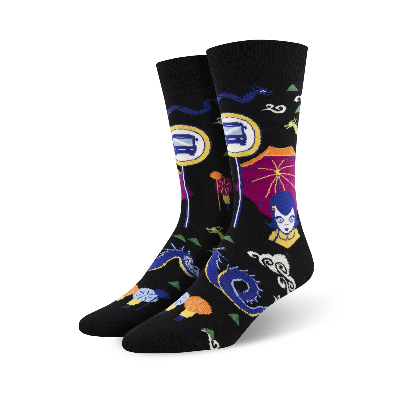 Pair of black crew socks with colorful Asian-inspired designs. Features dragons, buses, parasols, and clouds on a black background.