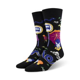 mens crew socks with colorful images of a bus stop, dragon, woman with umbrella, and lantern.   
