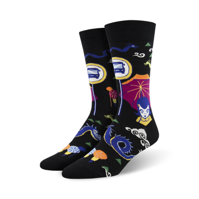 mens crew socks with colorful images of a bus stop, dragon, woman with umbrella, and lantern.   