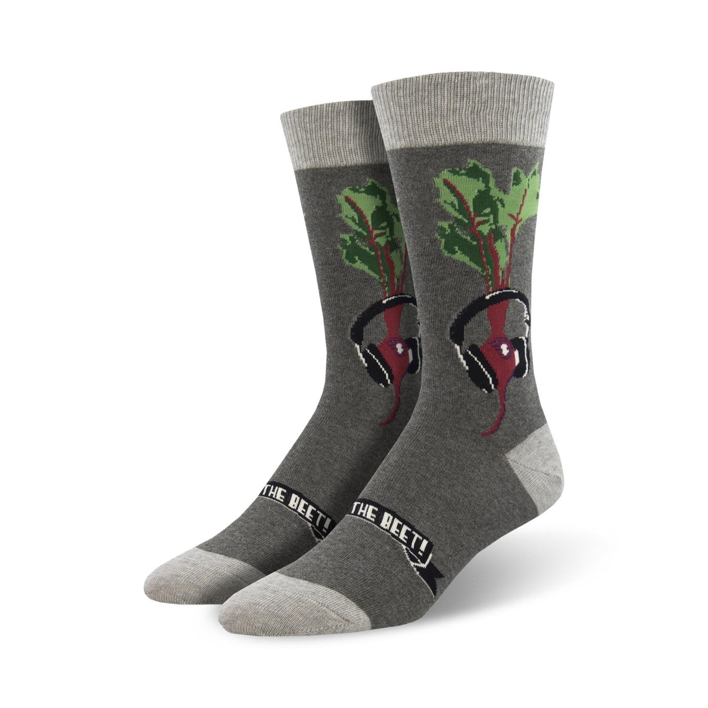 Pair of grey crew socks with a graphic of a beet wearing headphones.  Features green beet greens and a black banner.