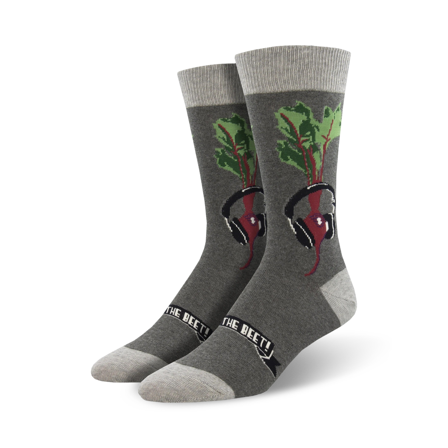 Pair of grey crew socks with a graphic of a beet wearing headphones.  Features green beet greens and a black banner.