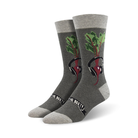 red beet pattern gray crew socks w/ black toes for men   
