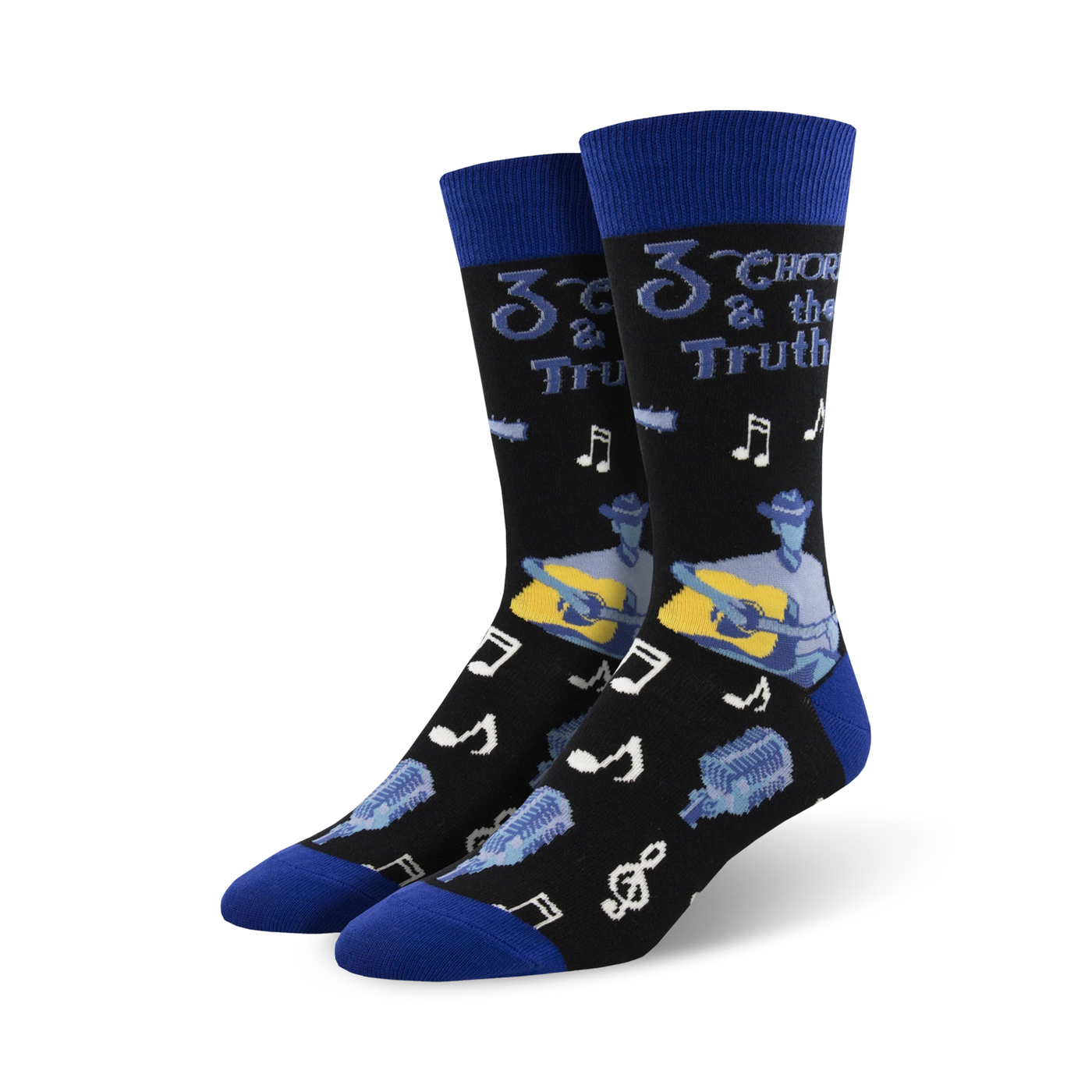 Pair of black crew socks with blue cuffs. Design features a cartoon guitarist, musical notes, and microphones.