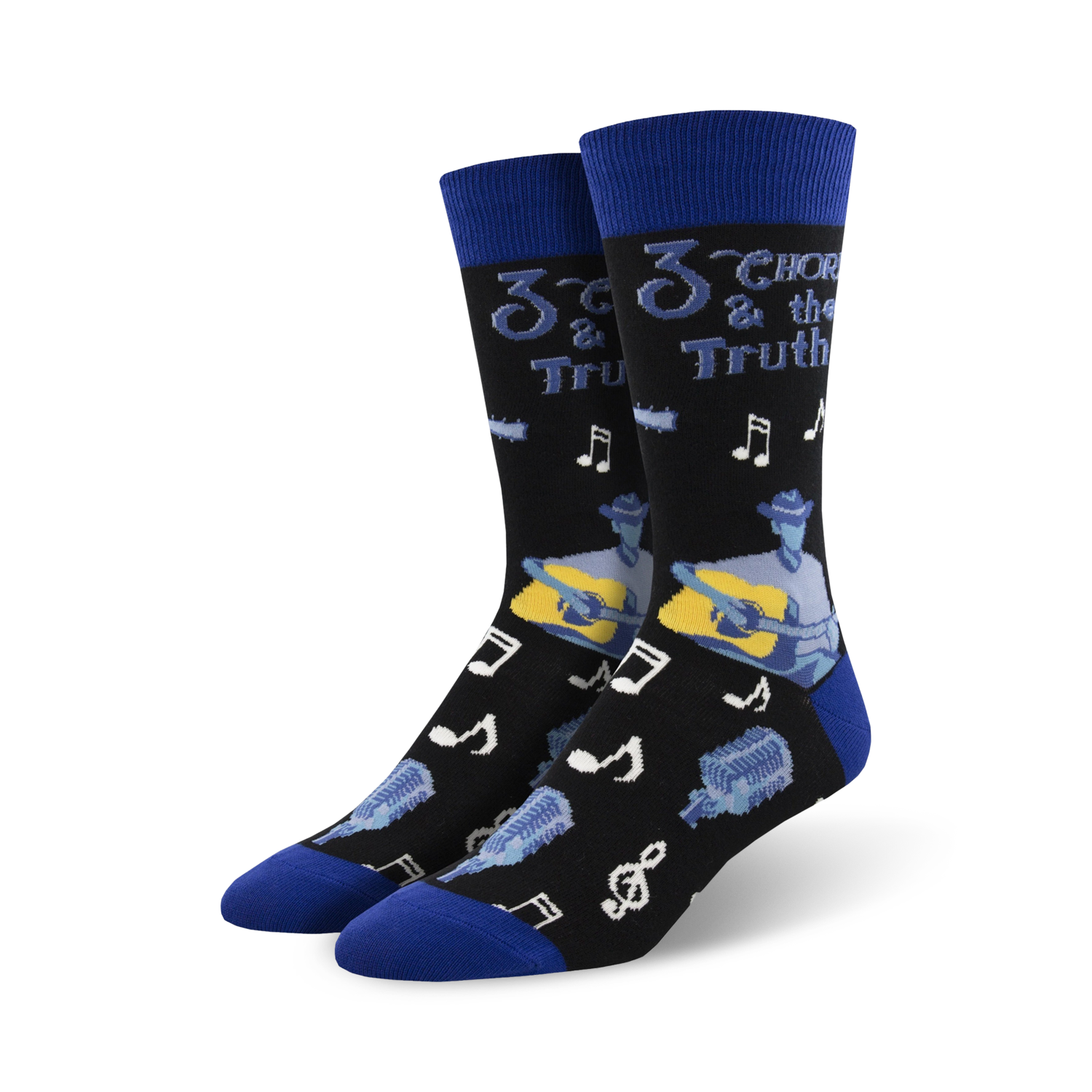 Pair of black crew socks with blue cuffs. Design features a cartoon guitarist, musical notes, and microphones.