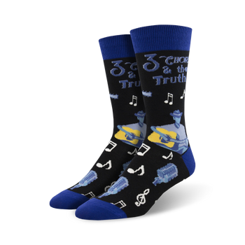black crew socks for men with blue accents, music notes, and the words '3 chords & the truth' plus a cartoon cowboy playing the guitar.   