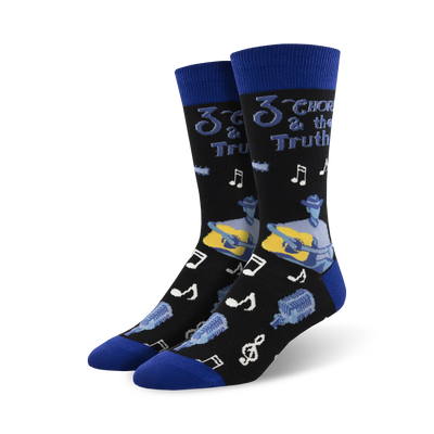 black crew socks for men with blue accents, music notes, and the words '3 chords & the truth' plus a cartoon cowboy playing the guitar.   