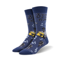 Lifestyle shot showing the denim blue version of the '3 Chords and the Truth' socks on a person's feet.