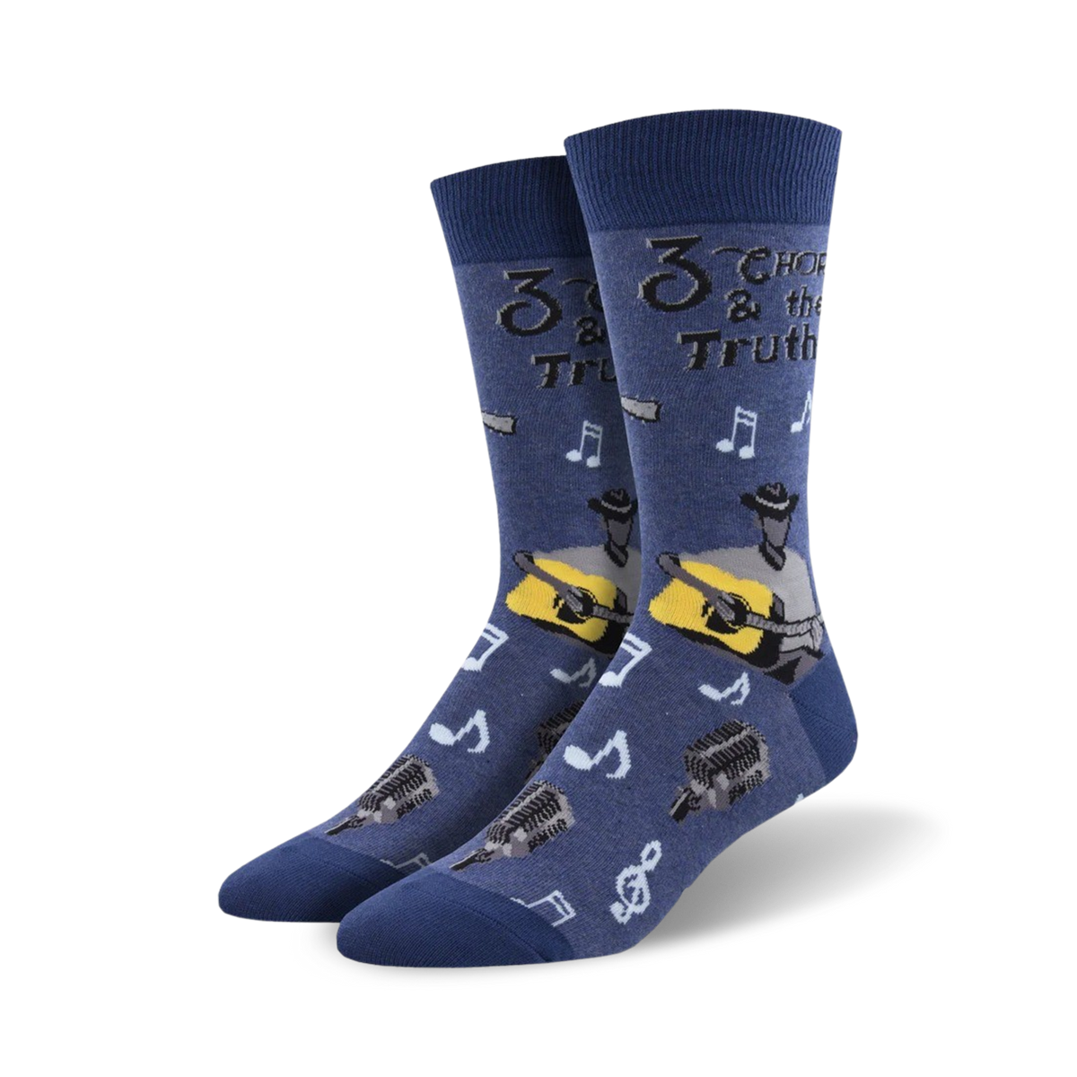 Lifestyle shot showing the denim blue version of the '3 Chords and the Truth' socks on a person's feet.