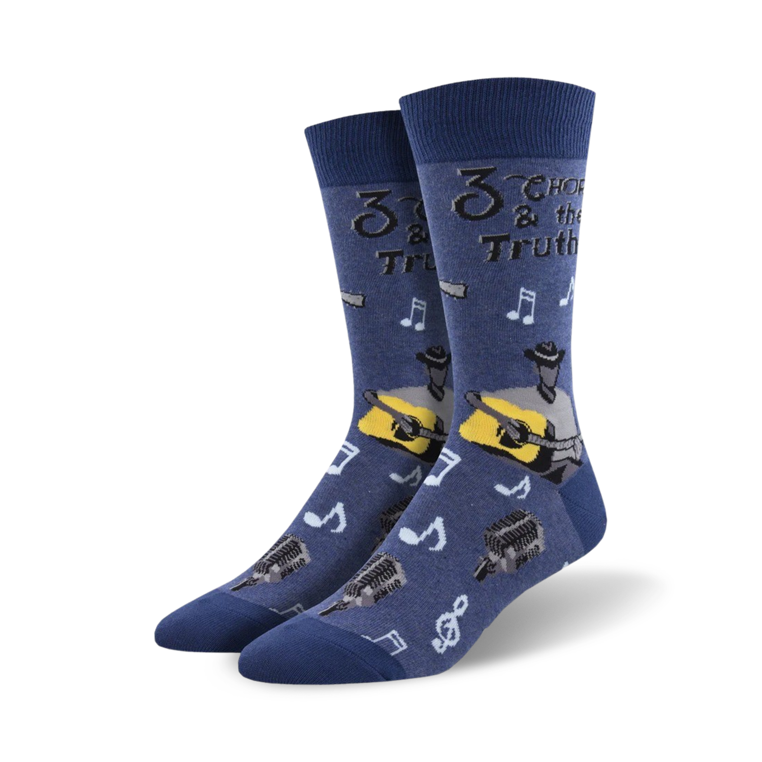 Lifestyle shot showing the denim blue version of the '3 Chords and the Truth' socks on a person's feet.
