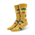 Pair of mustard yellow crew socks with repeating Rasta Lion faces.  Green, red, and yellow lion faces on a yellow background.