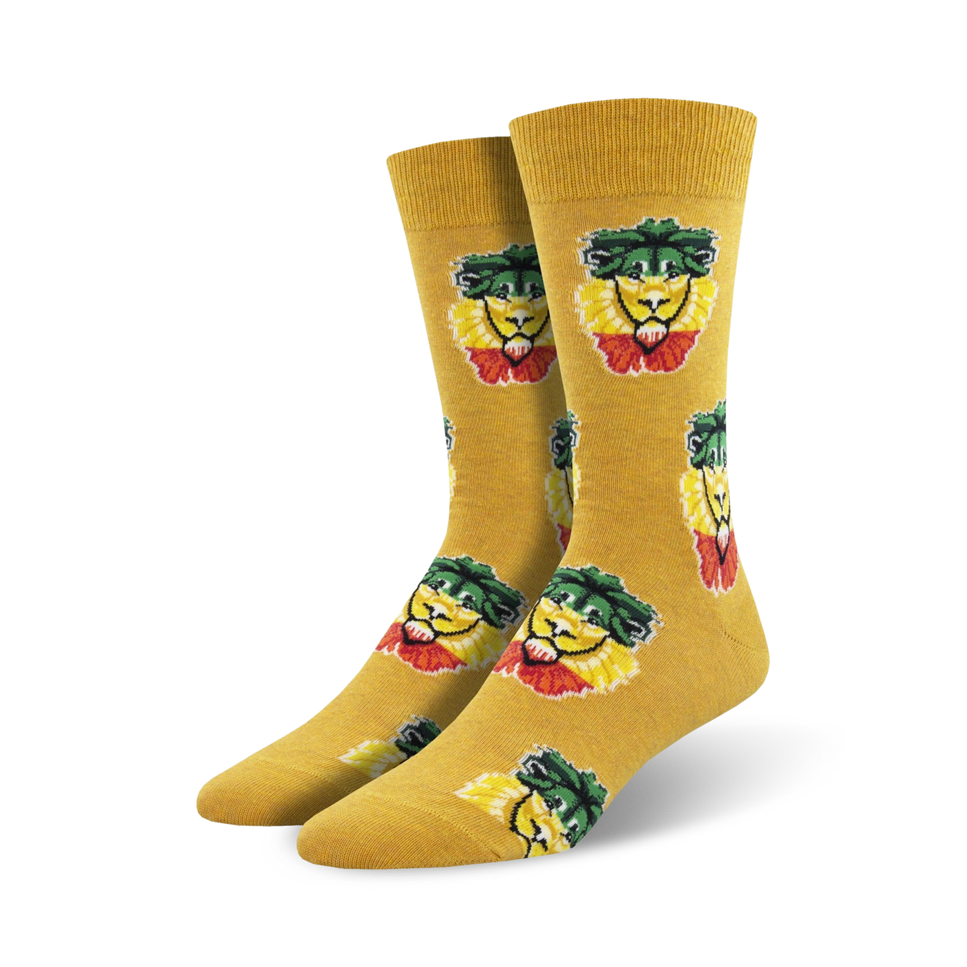 Pair of mustard yellow crew socks with repeating Rasta Lion faces.  Green, red, and yellow lion faces on a yellow background.