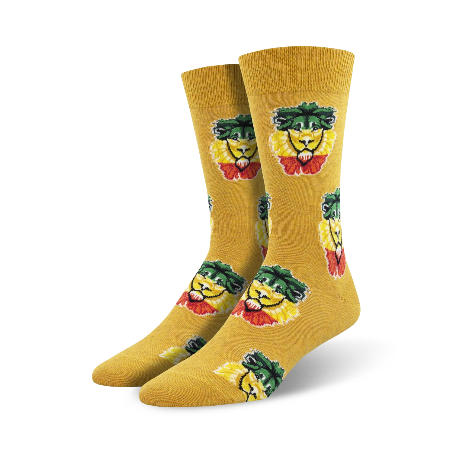 Pair of mustard yellow crew socks with repeating Rasta Lion faces.  Green, red, and yellow lion faces on a yellow background.