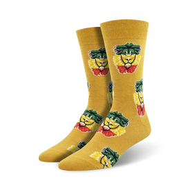men's rasta crew socks: yellow with cartoon lions in red, green, and yellow rastafarian caps.  