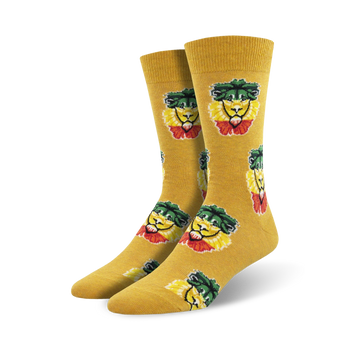 Pair of mustard yellow crew socks with repeating Rasta Lion faces.  Green, red, and yellow lion faces on a yellow background.