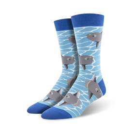 mens gray fish print crew socks featuring a sunbathing theme with a blue toe and light blue top   