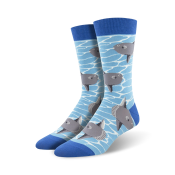 mens gray fish print crew socks featuring a sunbathing theme with a blue toe and light blue top   